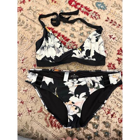 Athleta Women's Black White Floral Print Swim Bikini Top & Bottom Size Large - Picture 3 of 9